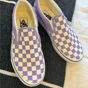 Vans checkered slip-ons purple. Brand new, never worn, no tags. CUTE for Spring